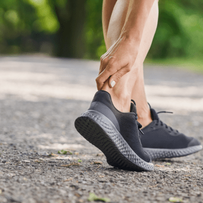 Person holding their achilles, standing outside in black runners.